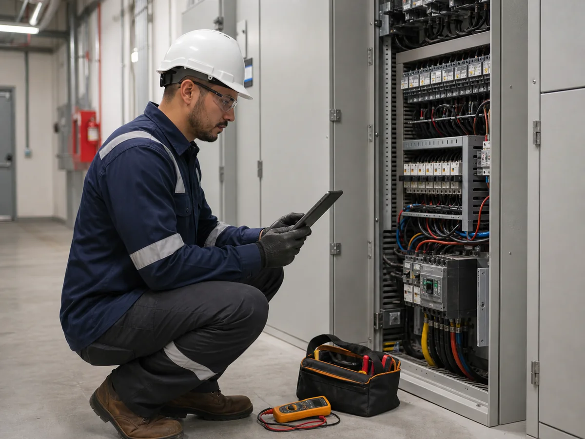 Técnico revisando un tablero eléctrico con una tableta