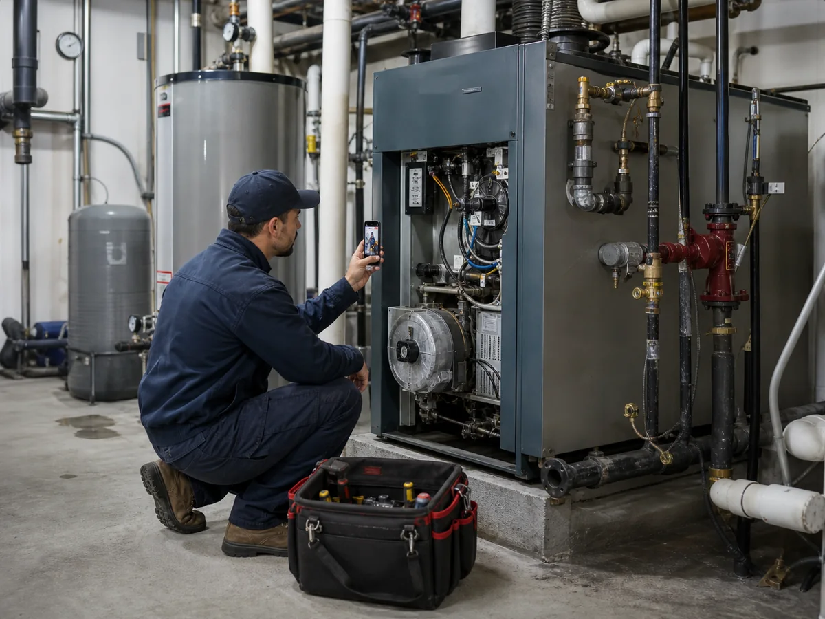 Técnico documentando mantenimiento de un calentador o sala de máquinas