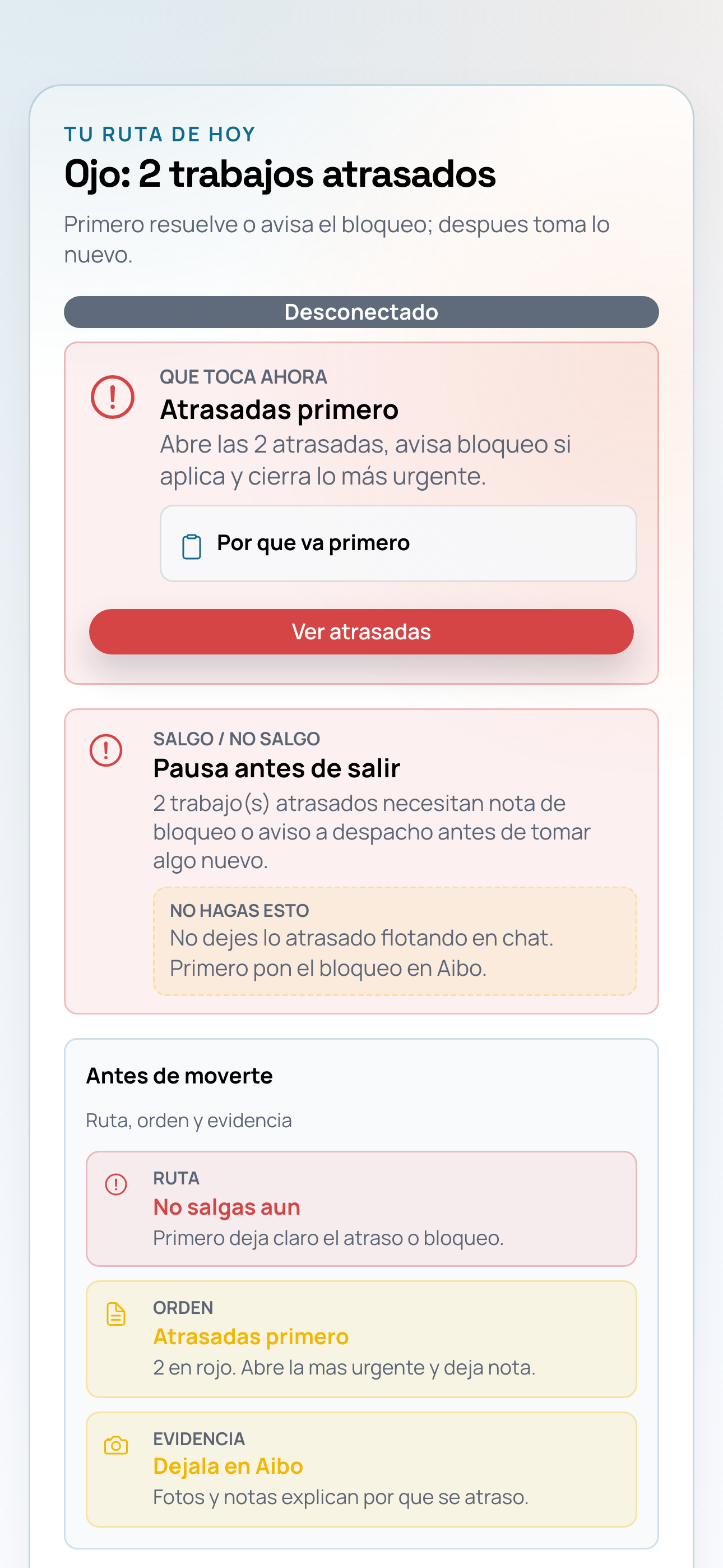 Pantalla real de la aplicación móvil Aibo Task con el trabajo asignado del técnico
