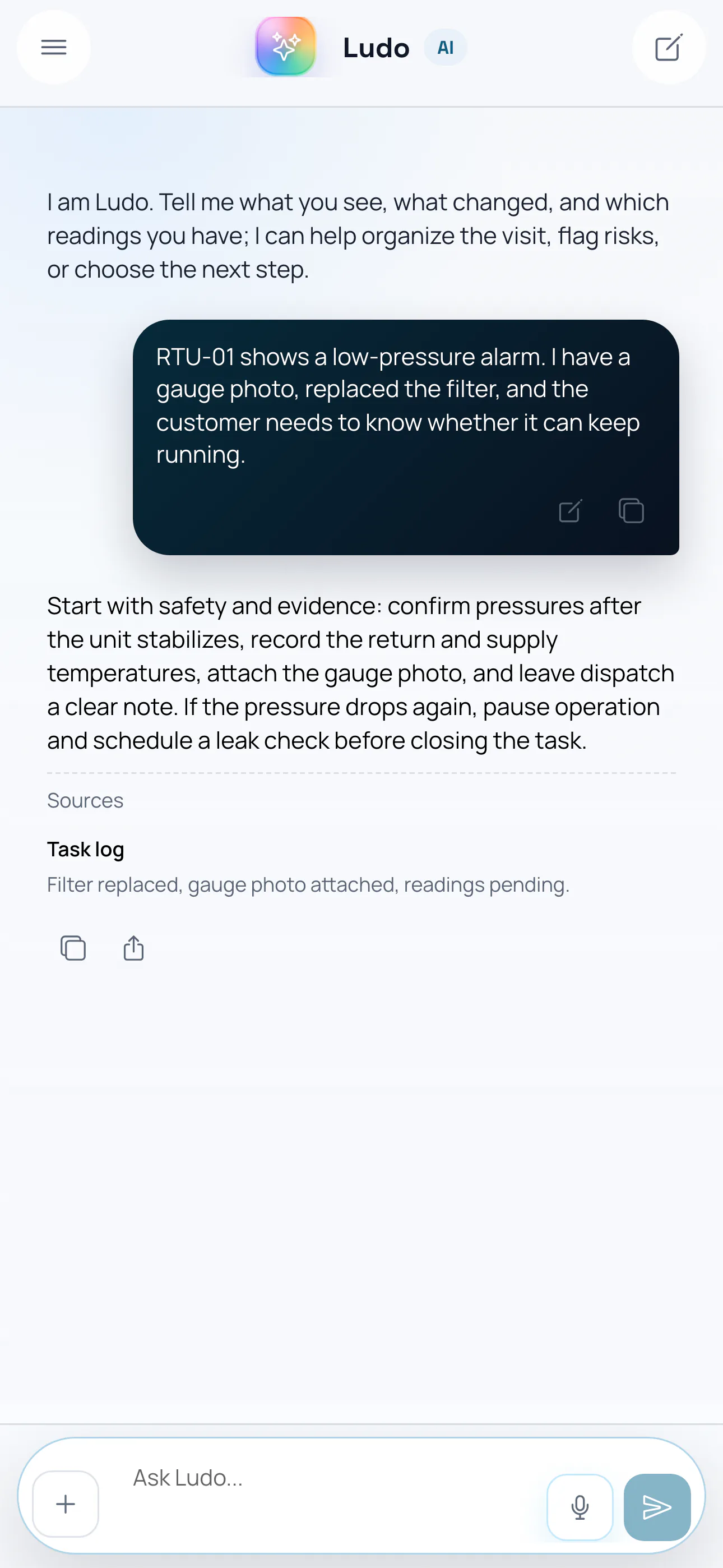Real Ludo AI screen guiding the next step from work-order sources