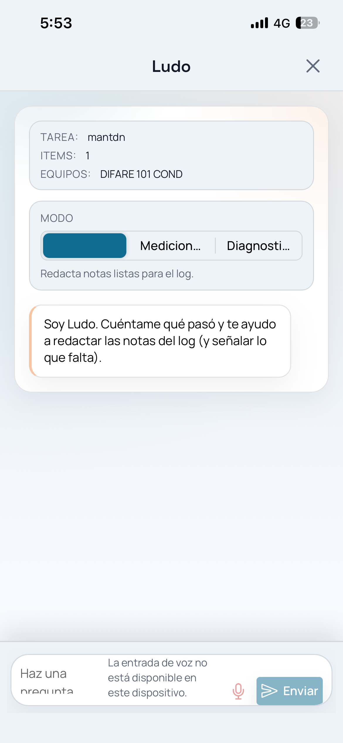 Modal de Ludo para asistencia de notas técnicas en Aibo
