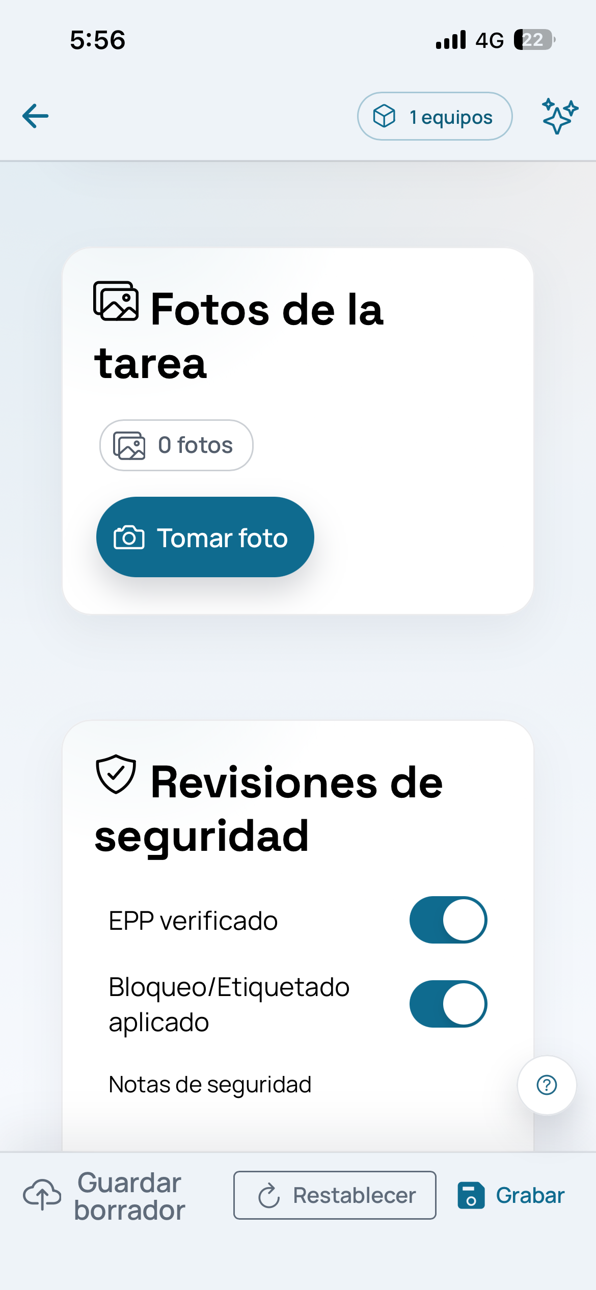Pantalla de captura de fotos y checklist de seguridad en Aibo